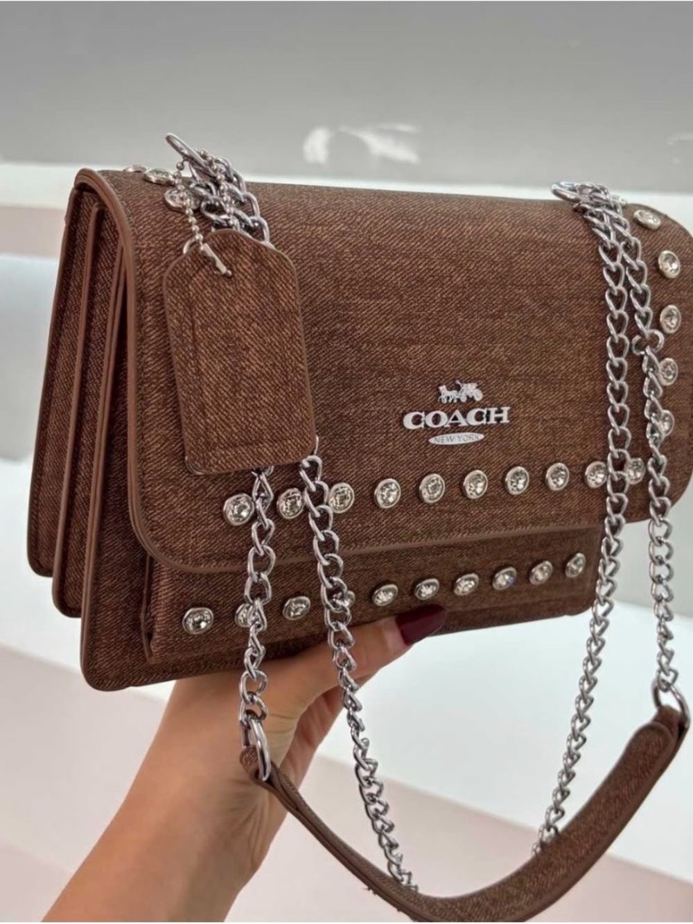 COACH Brown Crystal-Stud Shoulder Bag with Silver Chain